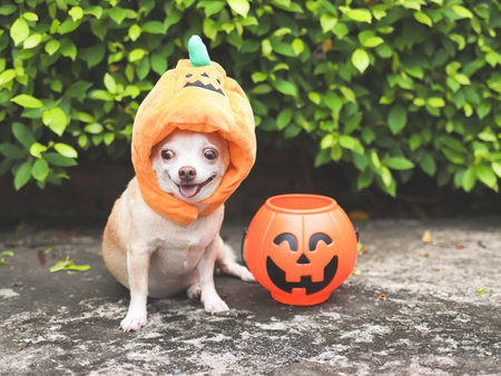 Portrait of  brown  short hair  Chihuahua dog wearing Halloween pumpkin hat sitting on cement floor and  green leaves background with  plastic halloween pumpkin basket.の写真素材