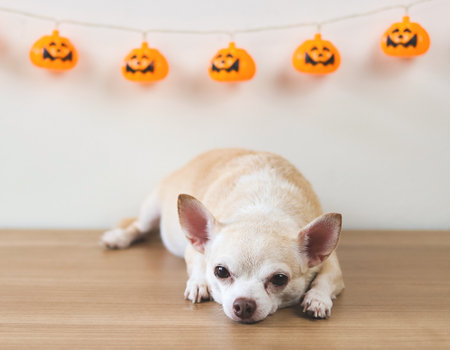 Front view of brown short hair chihuahua dog lying down on wooden floor with halloween pumpkins decoration on white wall background. looking at camera.の写真素材