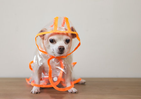 Portrait  of  chihuahua dog wearing orange and transparent rain coat or jacket with  hood sitting on wooden floor and white background.の写真素材