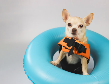 Portrait  of a cute brown short hair chihuahua dog wearing orange life jacket or life vest standing in blue swimming ring, isolated on white background.の写真素材