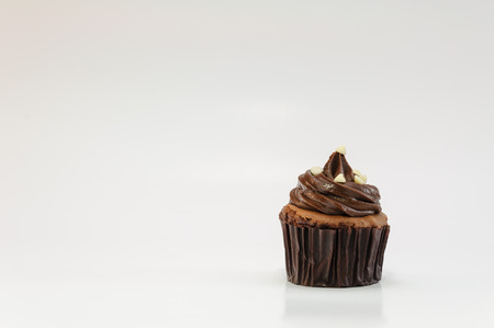 one dark chocolate cupcake on white backgroundの写真素材