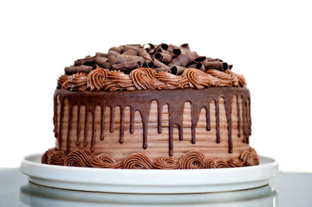 Chocolate Cake with Chocolate Fudge Drizzled Icing and Chocolate Curls on White Backdrop.の写真素材