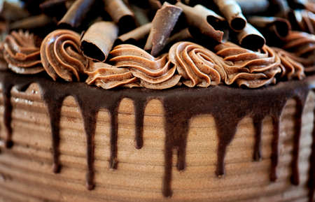 Closeup of Chocolate Cake Topped with Chocolate Curls and Drizzled Fudge Icingの写真素材