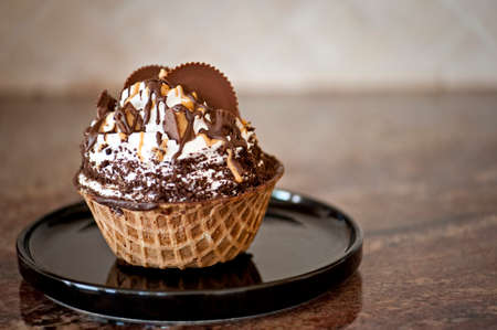 Ice Cream swirled in Waffle Bowl topped with Chocolate Peanut Butter Candiesの写真素材