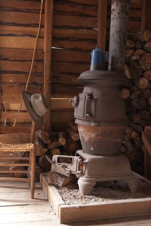 Historic Ranger Cabin and stove in the Great Smoky Mountains National Park.の写真素材
