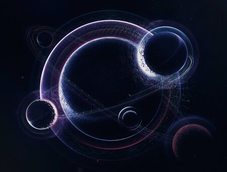 3D abstract space planets illustration. Futuristic ui and film designの写真素材