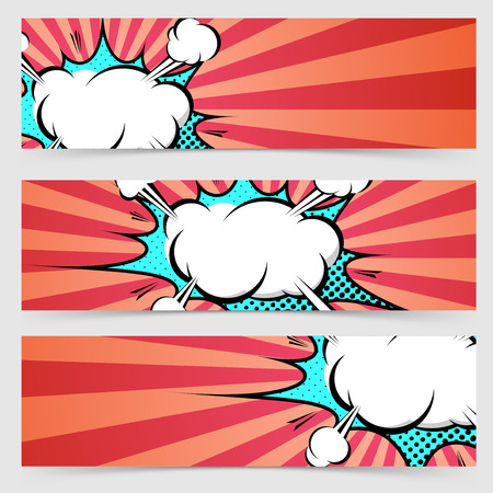 Pop art ray light style header footer collection layout explosion banner set with red stripes. のイラスト素材