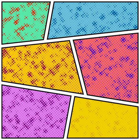 Bright comic book story colorful dotted page layout template. Isolated empty album frames with halftone grunge dot pattern.のイラスト素材