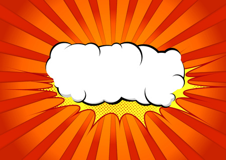 Bright abstract pop art comic book splash cloud. White graphic explosion speech bubble cloud on yellow splash over halftone red and orange gradient ray burst background. Vector illustrationのイラスト素材