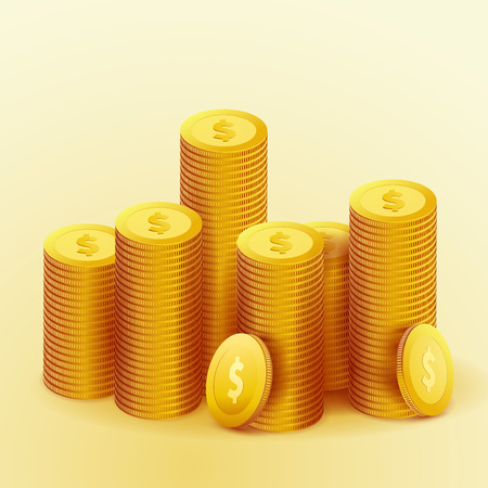 Realistic golden coins money fortune. Casino cash wage. Success isolated pile over light gradient background. Vector illustration.のイラスト素材
