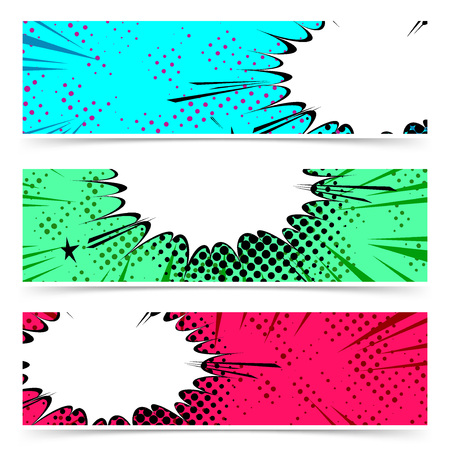 Explosion speech bubble retro flyer banner collection. Blue, green, red background pop-art set - comic book dotted web header or footer template. Vector illustrationのイラスト素材