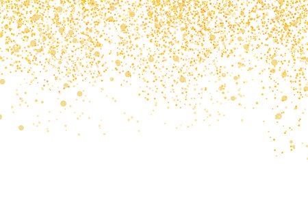 Bright golden particle glittering and shimmering abstract background. Isolated Confetti falls over white layout. Club Party Card template. Vector illustrationのイラスト素材