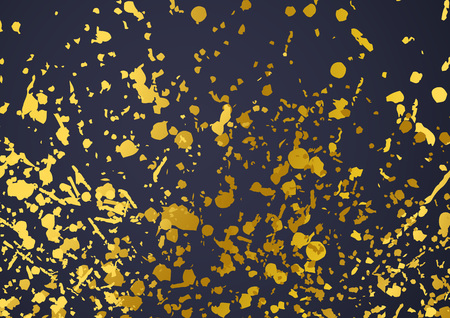 Golden paint spatter over dark background template. Bright gold foil shiny metallic particle card layout.のイラスト素材