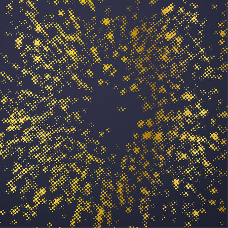 Bright beautiful golden halftone dotted pattern over dark background layout. pop art comic book style dot spatter template. gold shiny particle explosion burst card. Vector illustrationのイラスト素材