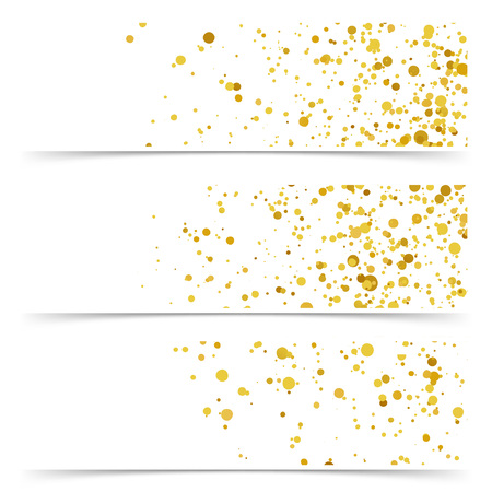 Golden confetti particle flyer collection. Metallic abstract scatter glamour shiny card set. Vector illustrationのイラスト素材