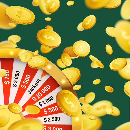 Fortune wheel million dollar cash money prize win. Online web casino background. Coin Rain. Luck and...
