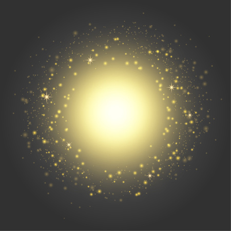 Yellow bright shimmering circle over dark background. Light visual nimbus aureole light. Vector illustration.のイラスト素材