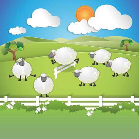 counting sheep to fall asleep, sheep from paper cuts are playing and jumping on the field, vector illustrationのイラスト素材