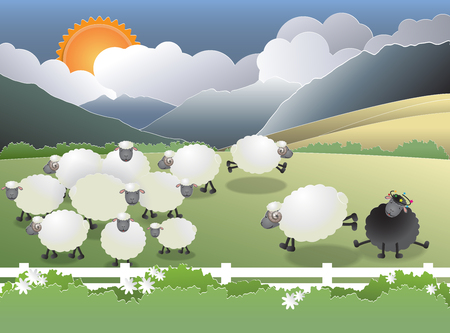 Flock of sheep on green field, a black sheep in the family, paper cutting style, vector illustrationのイラスト素材