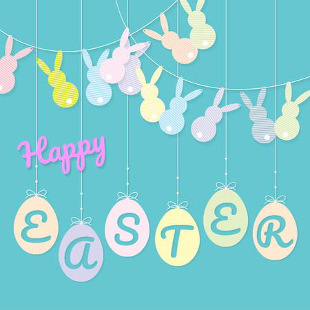 Shape of rabbits was decorated as bunting flags and shape of hanging eggs with greeting. Paper cutting style. Vector illustration.のイラスト素材