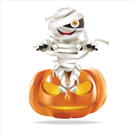 Character of mummy zombie sittiing on halloween pumpkin. Vector illustration for Halloween festival.のイラスト素材