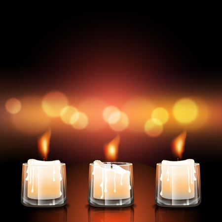 Three candles in clear glasses with fire and lighting. Vector illustration.のイラスト素材