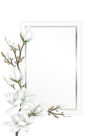 White paper card with border decorated with branches of white magnolia blossom flowers isolated on white background. Vector illustrationのイラスト素材