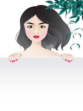 Asian woman with red lips and nails cartoon character behind white frame decorated with leaves on white background. Vector illustration.のイラスト素材