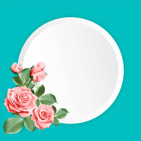 Round paper for your text decorated with peach color roses with leaves on blue green background. Vector illustration.のイラスト素材