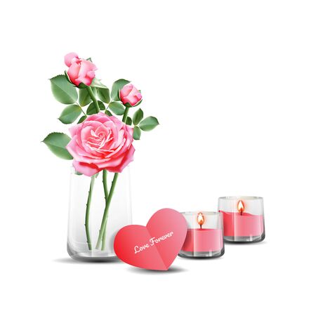Pink roses in a clear glass with greeting card and scented candles. Vector illustration on white background.のイラスト素材