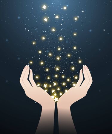 Two hands holding glowing stars in stary night look like meteor showers. A abstract astronomy background. Vector illustration.のイラスト素材