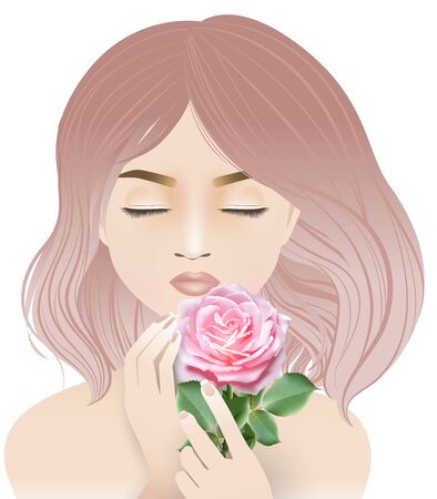 Cartoon character, Young pretty woman with pink hair closing her eyes and holding and sniffing a sweet pink rose. Vector illustration on white background.のイラスト素材