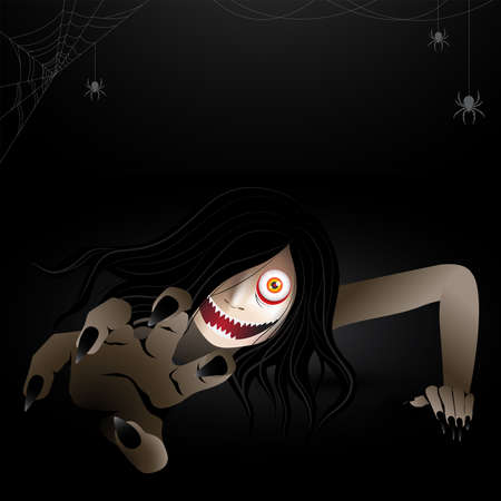 Woman scary ghost zombie, ghost creeping character haunting in the dark with spiders and spiderwebs. Vector illustration for halloween.のイラスト素材