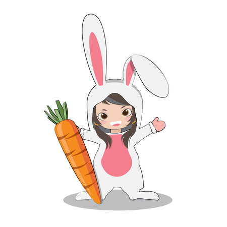Little baby child wear bunny rabbit sleeping suit with a carrot shaped pillow. Vector illustration.のイラスト素材