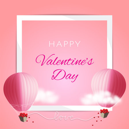 White frame with wording for greeting Valentine's day decorated with two hot air balloon flying on cloudy sky tied together with white rope as love wording. Vector illustration.のイラスト素材