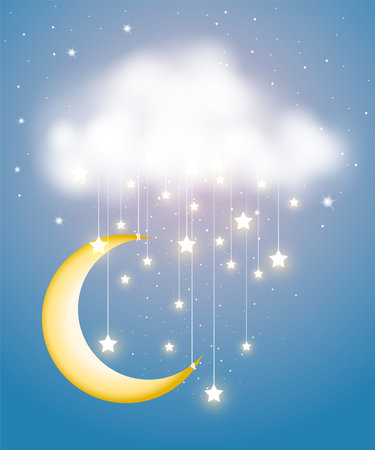 The crescent moon and twinkling stars hanging with cloudy. Abstract astronomy background. Vector illustration.のイラスト素材