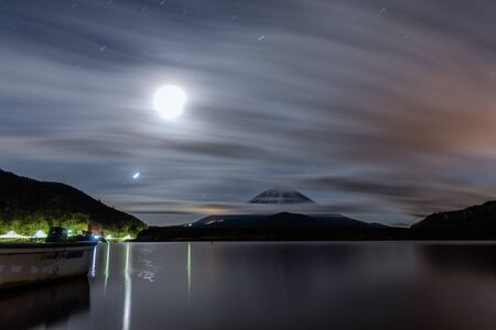 Mt. Fuji and Lake Shojin just before the first sunrise of the full moonの写真素材