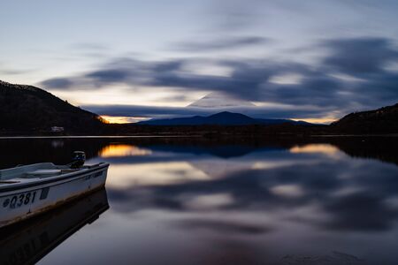 The first sunrise, Mt. Fuji and Lake Shojinの写真素材