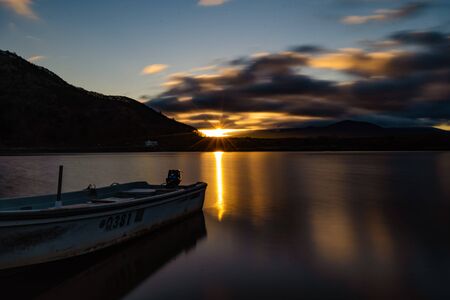 The first sunrise, Mt. Fuji and Lake Shojinの写真素材