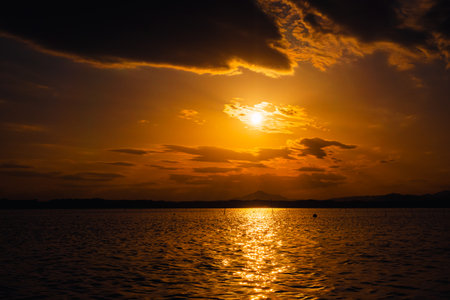 Sunset at Konuma, Ibaraki and Mt. Tsukubaの写真素材