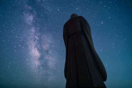 Chiba Katsuura Hachiman Cape at the Milky Way and the stars of the skyの写真素材