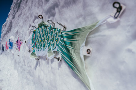 Climbing equipment hanging on a rope in the snow. Extreme sport.の写真素材