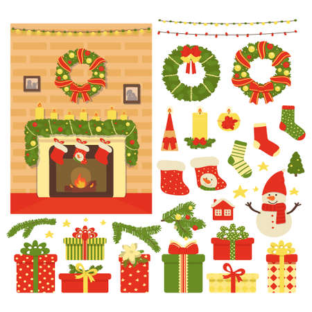 Collection of Christmas and New Year's decor isolated on white background. Vector illustration in cartoon style.のイラスト素材