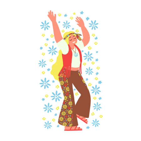 Cheerful hippie girl isolated on white background. Subculture. Cartoon. Hand-Drawn Flat.Vector illustration.のイラスト素材