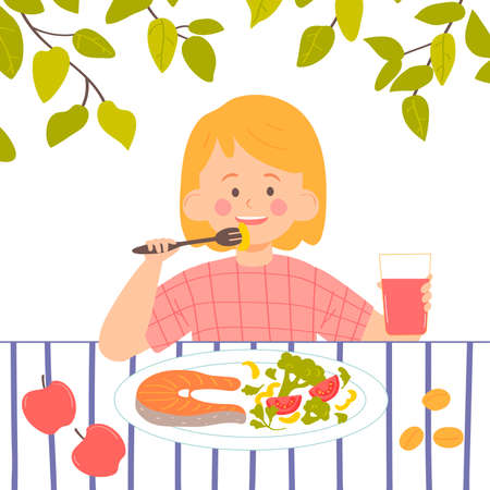 Little girl eating lunch. Healthy food concept. Vector illustration for banners, posters, postcard. Cartoon style character.のイラスト素材