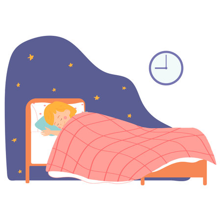 Little girl sleeping in her bed. Vector illustration for banners, posters, postcard. Cartoon style character.のイラスト素材