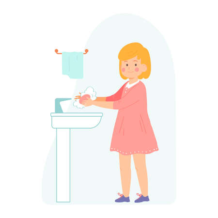 Little girl washes her hands. Healthy lifestyle concept. Vector illustration for banners, posters, postcard. Cartoon style character.のイラスト素材