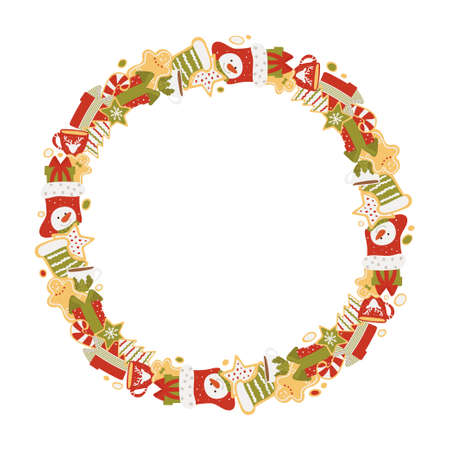 Christmas frame of gifts and sweets isolated on white background. Vector illustration in hand drawn style.のイラスト素材