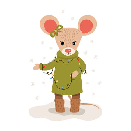 A mouse in a green dress holds a festive garland.Christmas and New Year character isolated on a white background. Postcard. Vector illustration in the style of hand drawn flatのイラスト素材
