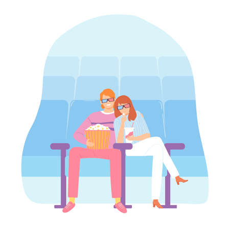 A loving couple on a date. A man and a woman are sitting on armchairs in the cinema. Valentines Day concept. Vector illustration for banners, posters, postcard. Cartoon style characters.のイラスト素材